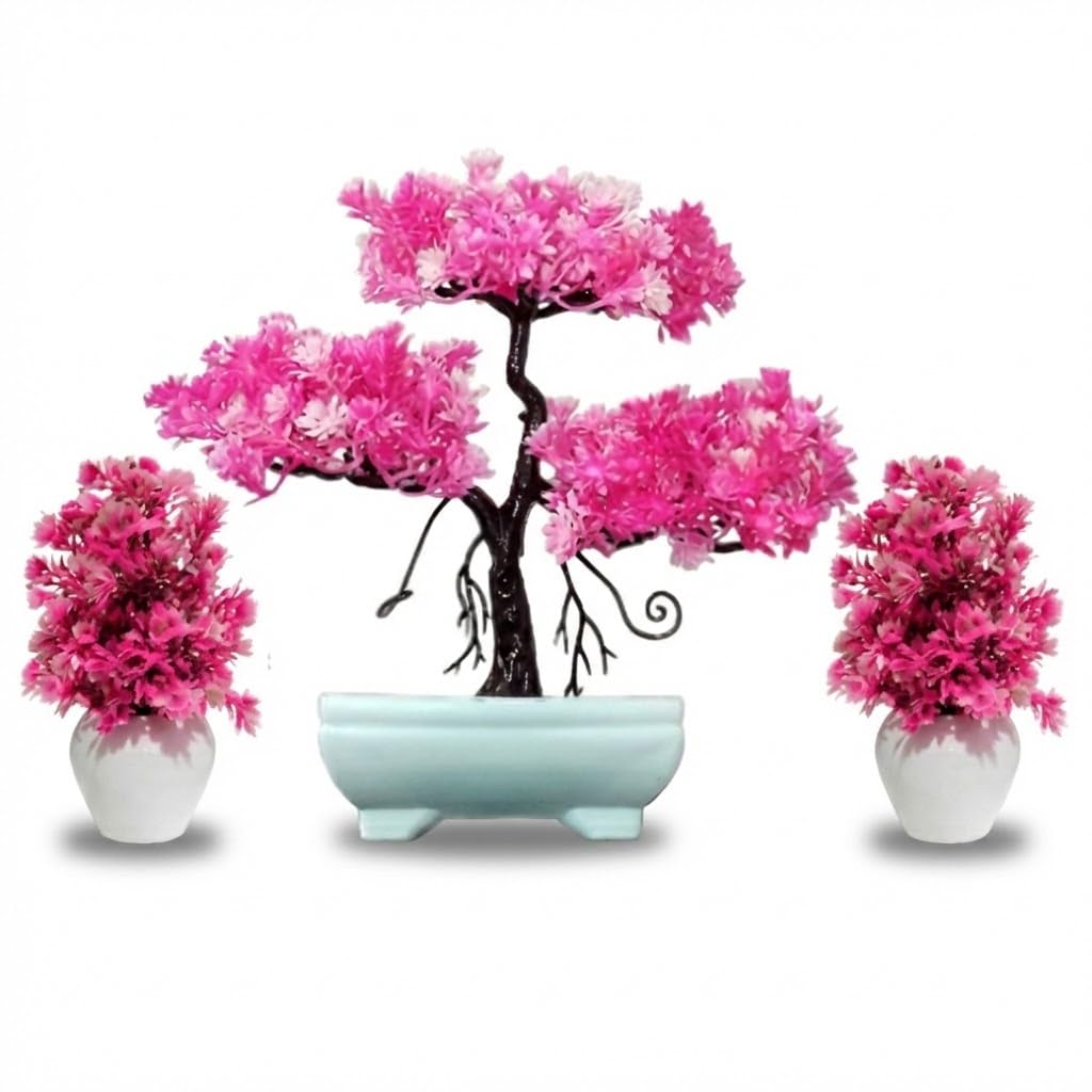 (Set of 3) Artificial Bonsai Tree 28 cm for Home Decoration Realistic Looks with 2 Small Pink Flowers pots 11 cm for Livingroom Bedroom Office Table Kitchen Indoor & Outdoor Balcony