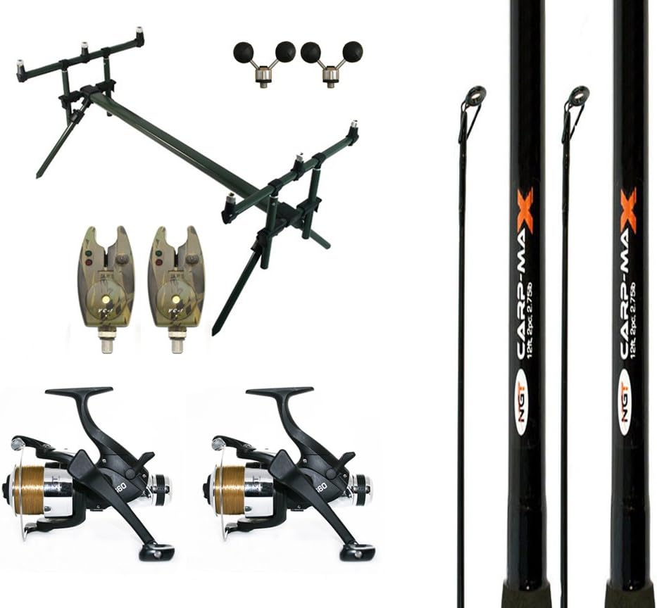 Complete Carp Fishing Setup Deluxe Outfit Rods Reels Camo Alarms Goal Post Pod
