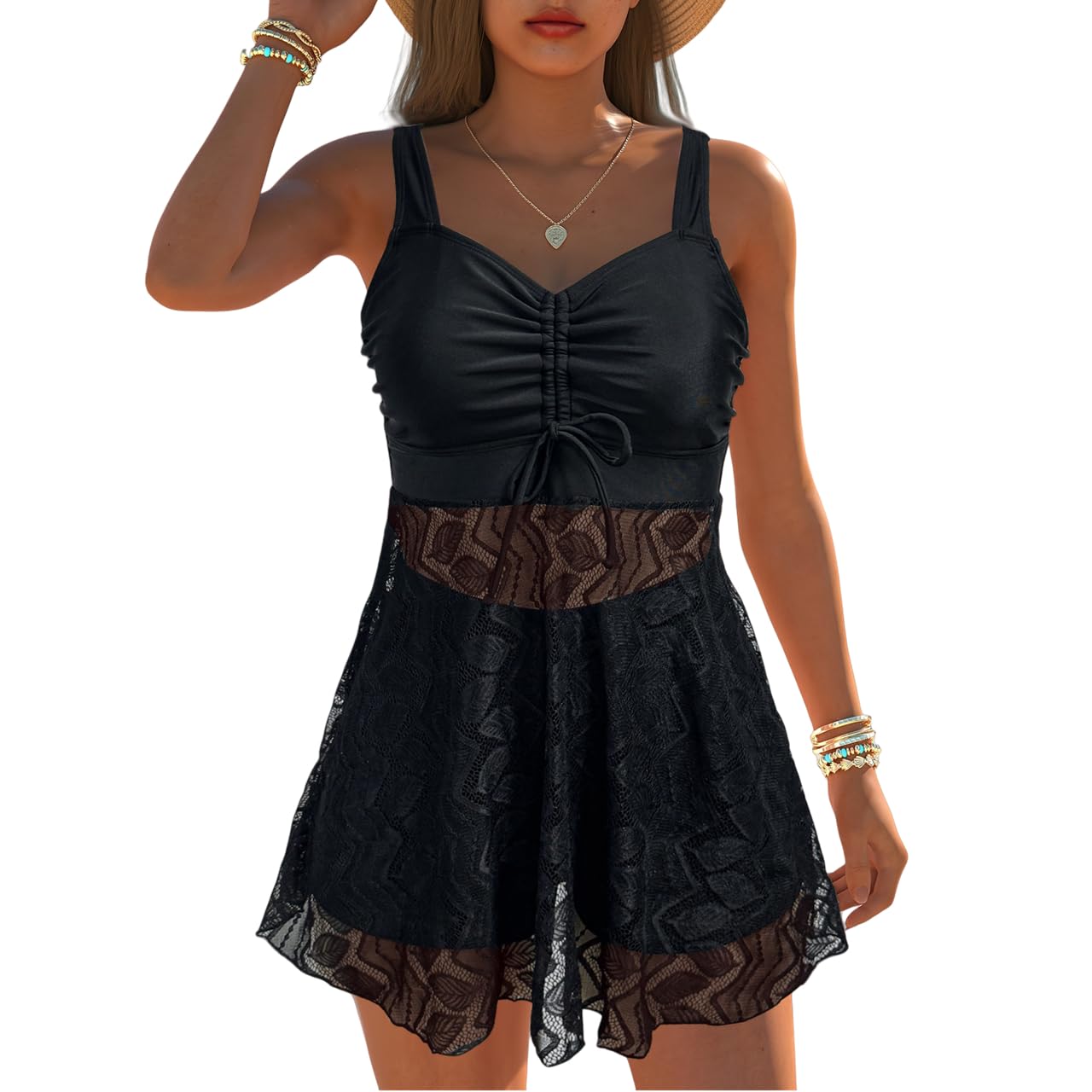 Femme Maillot Bain Femmes Moulées Deux Pièces De Dames Dentelle Scoopbackventre Contrôle Bretelles Réglables Bain-Noir-s