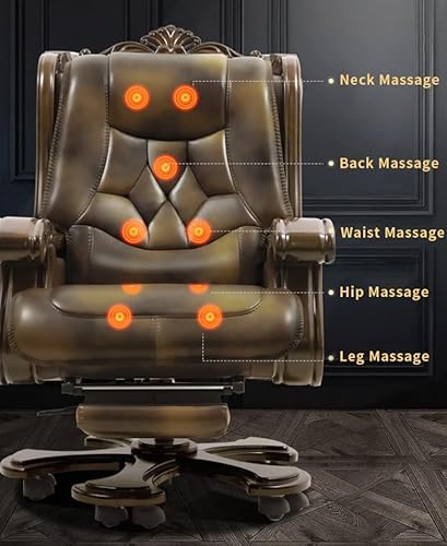 Kinnls Barbara Massage Chair Genuine Leather Big And Tall Luxurious Managerial Executive Office Chair With Wooden Armrest,Adjustable Height Reclining And Retractable Footrest Home Office Desk Chairs #TOP1