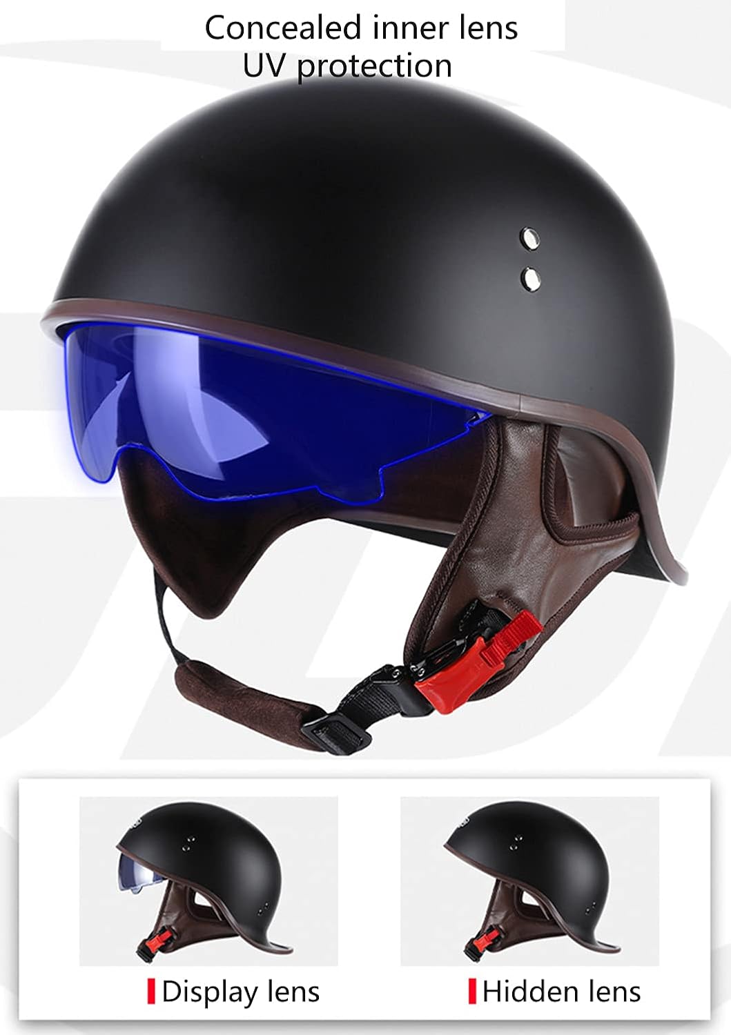 Hanhua Adult Motorcycle Half Helmet DOT Approved for Men Women - German Style With UV Visor for Scooter Moped Cruiser - Skull Cap Vintage Design
