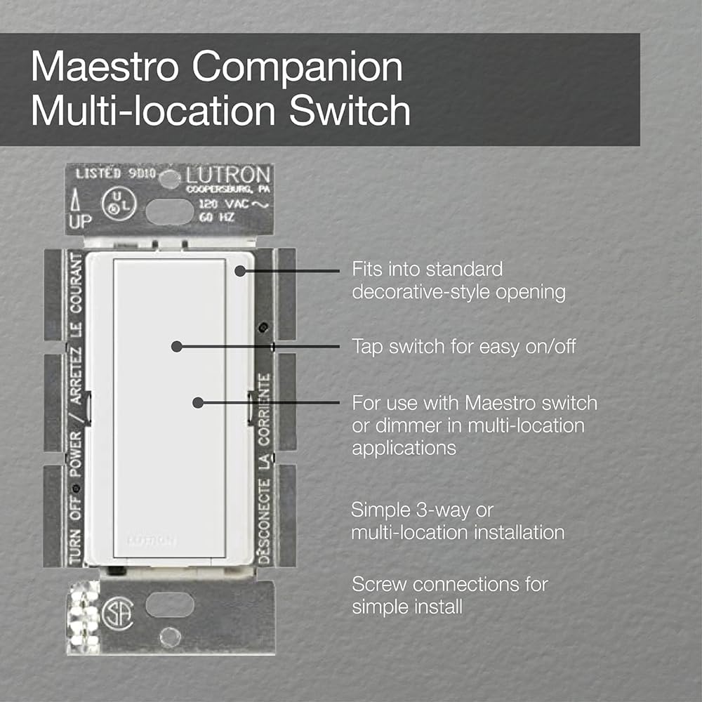 Lutron Maestro 8-Amp Multi-Location Companion Switch | Not for Standalone Use | MA-AS-IV | Ivory