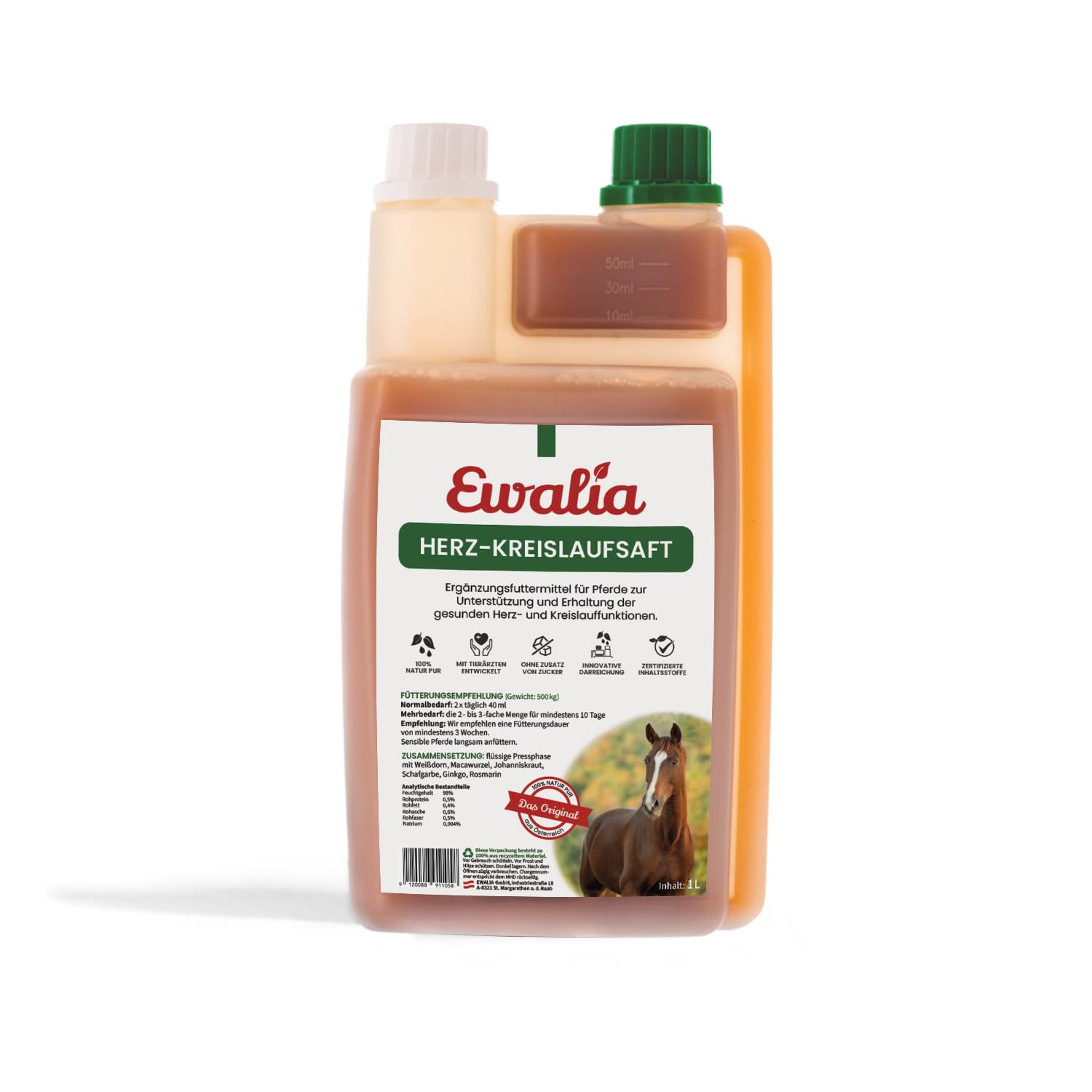 EWALIA Herz-Kreislaufsaft | 1 l | Ergänzungsfuttermittel für Pferde | Mit Weißdorn