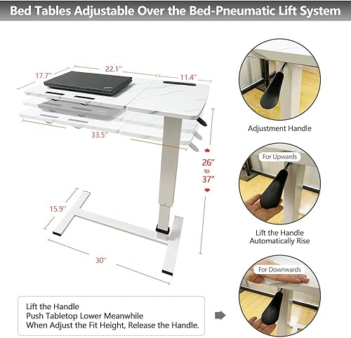 Miniatura 2 de Mesa para cama de hospital, mesa neumática inclinable con ruedas ocultas de altura ajustable, carrito USB para portátil y bandeja rodante, mesita de