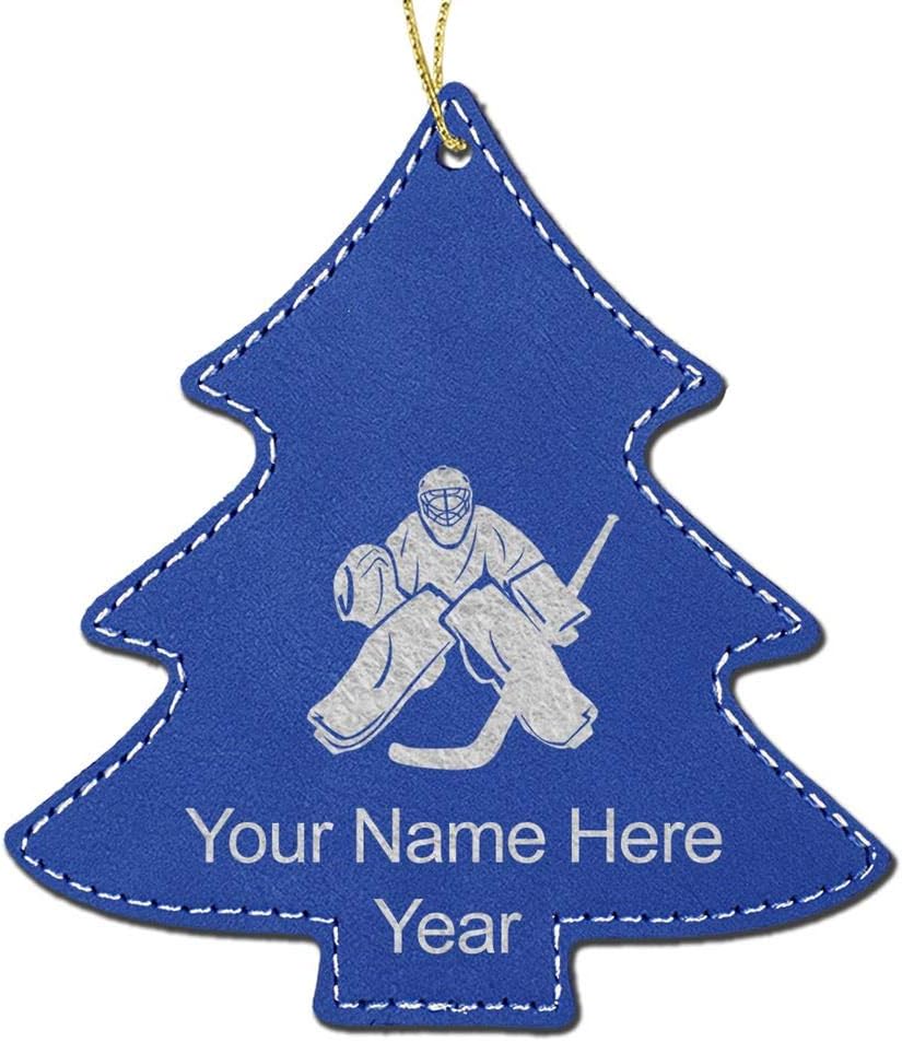 LaserGram Personalized Christmas Ornament, Hockey Goalie, Faux Leather, Custom Laser Engraved Gift Idea (Tree Shape, Dark Blue)