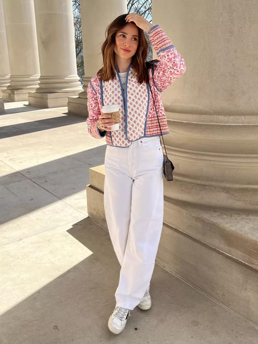 Aimiray Women's Cropped Floral Puffer Jacket Cardigan Printed Lightweight Open Front Padded Quilted Coats - Image 3