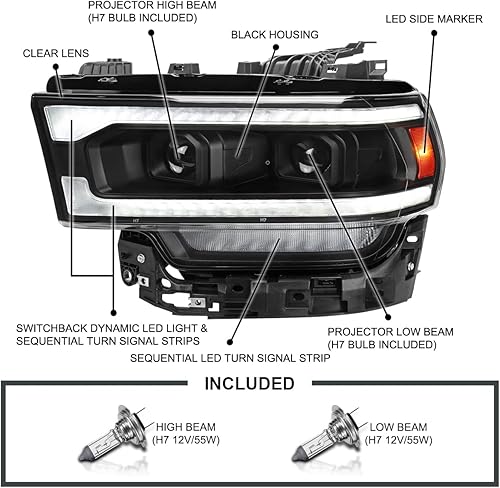 Vista 12 de SPEC-D TUNING Faros delanteros cromados de doble proyector con señal de giro LED secuencial y animación de arranque compatible con Dodge Ram 2500