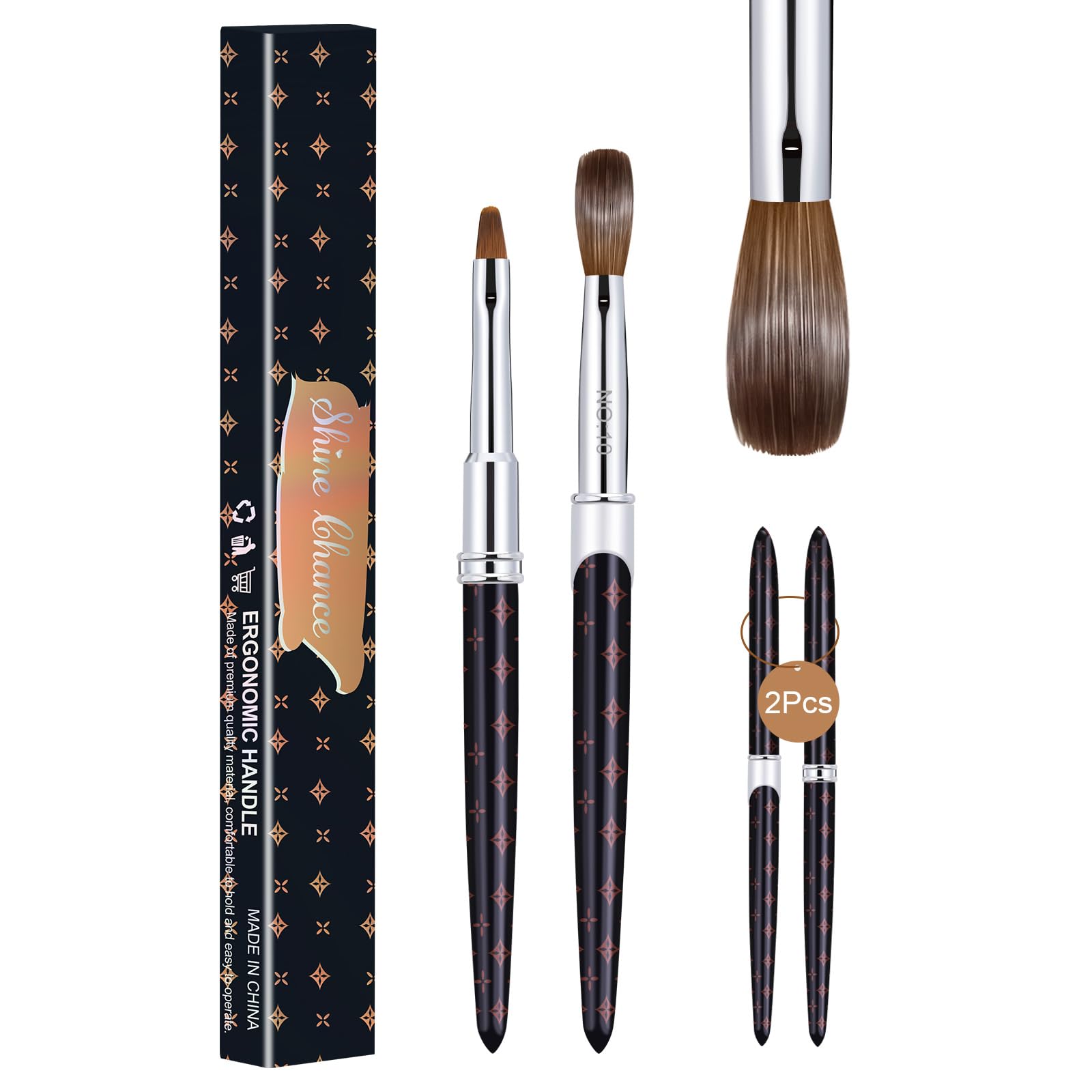 Shine Chance 2Pcs Acrylic Nail Brushes Set, 100% Pure Kolinsky Size 10 Nail Art Brush & Small Clean Up Brush, Art Design & Polish Mistake Cleaning