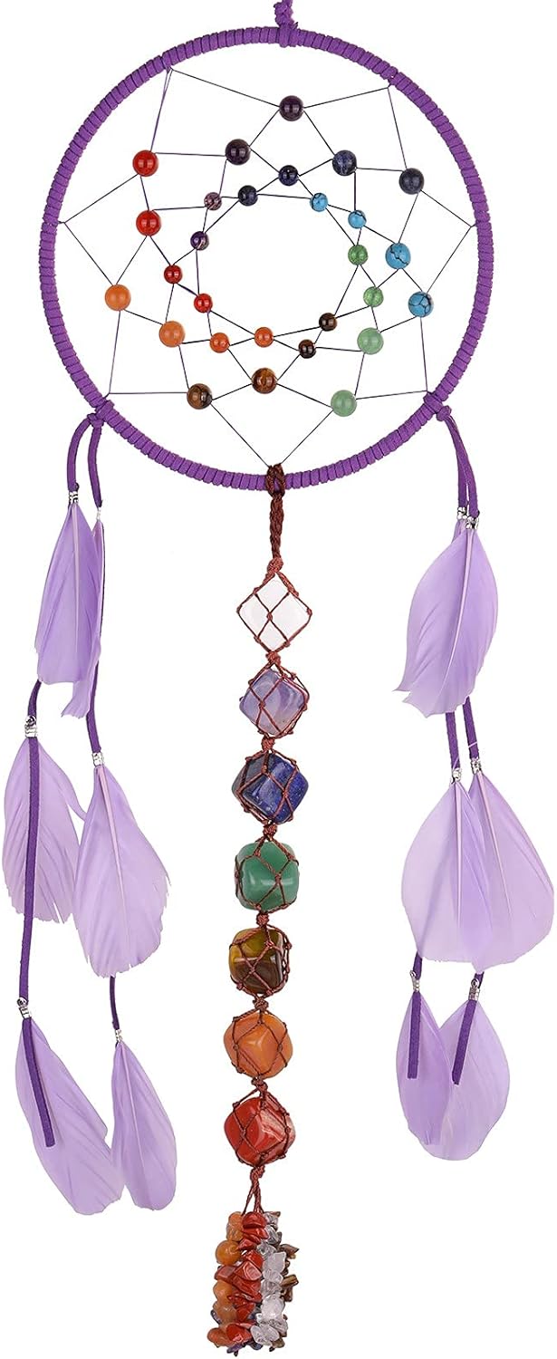 Amogeeli 7 Chakra Crystal Feather Dream Catcher, Healing Stone Hanging Ornament Decor for Home Indoor