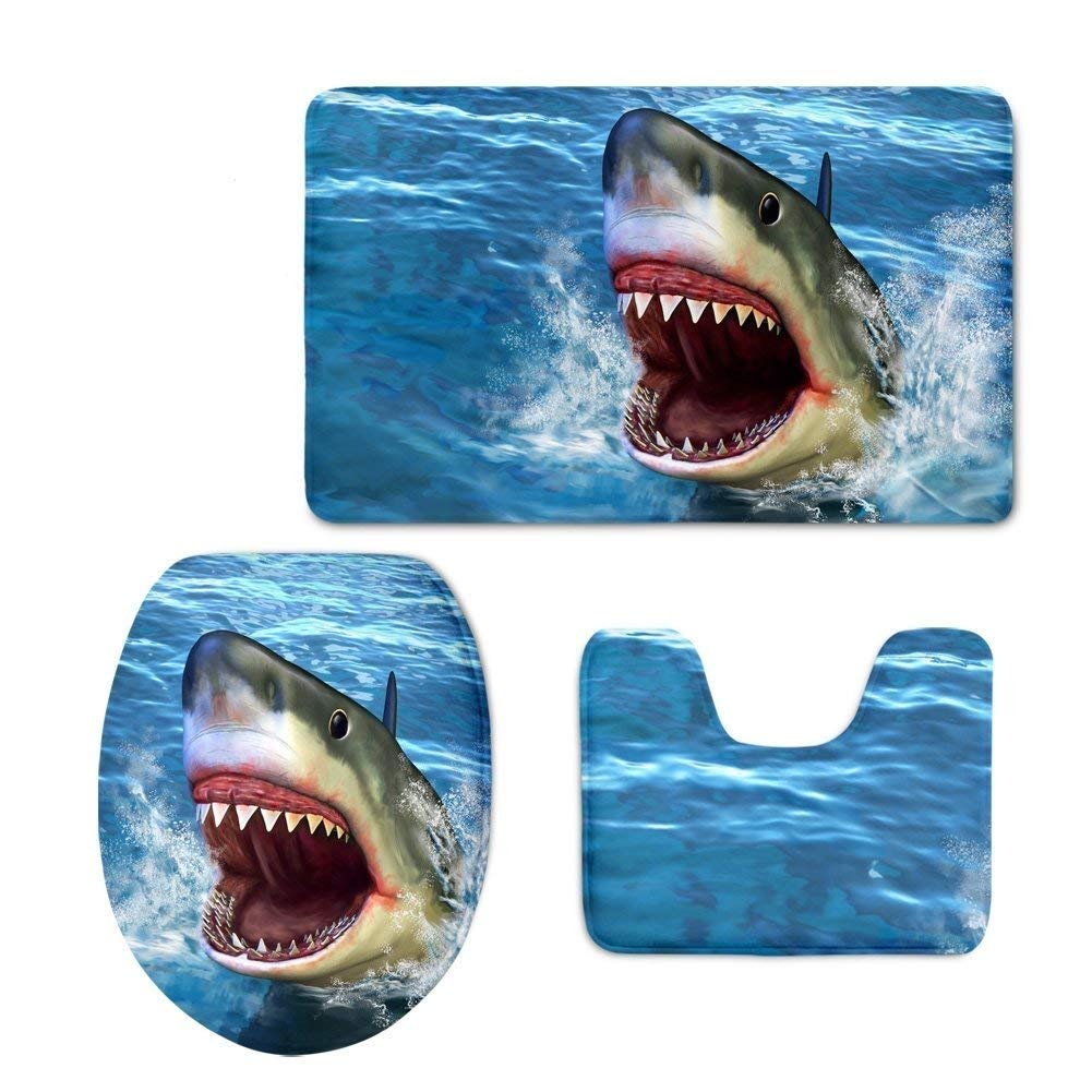 ZMvise Cool Shark Bath Mat Set 3 Piece Bathroom Mats Set Non-Slip Bathroom Rugs Mat Toilet Cover