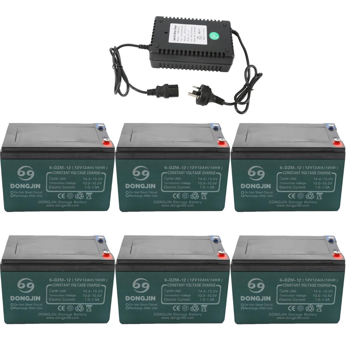 Six DONGJIN 12V 12Ah Batteries with charger.