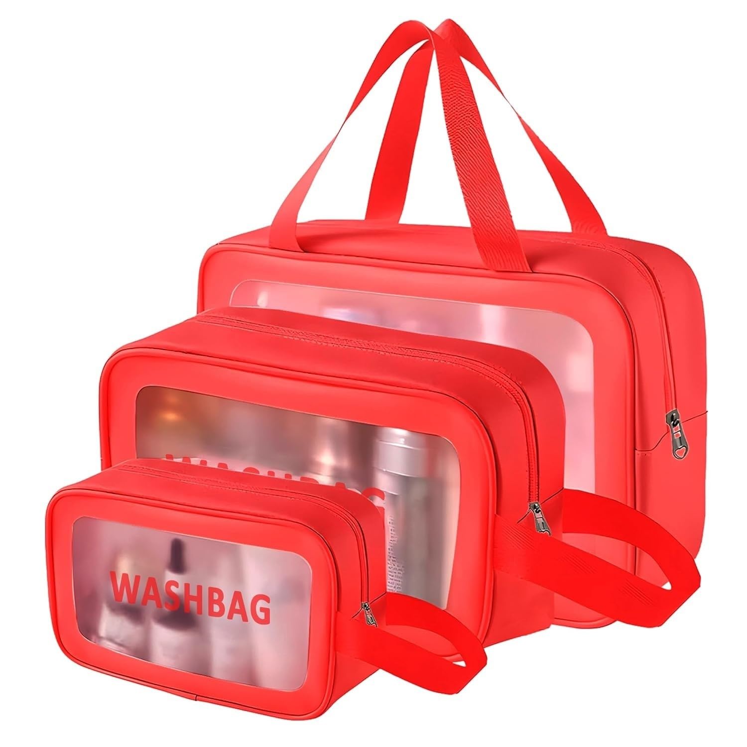 Wash Bag Pouch for Travel Kit Toiletry Bag Cosmetic Bag Make Up Box for Brushes, Accessories with Handle, Large Capacity Translucent Waterproof Travel Storage Organizer Set of 3 (Red)-image-9