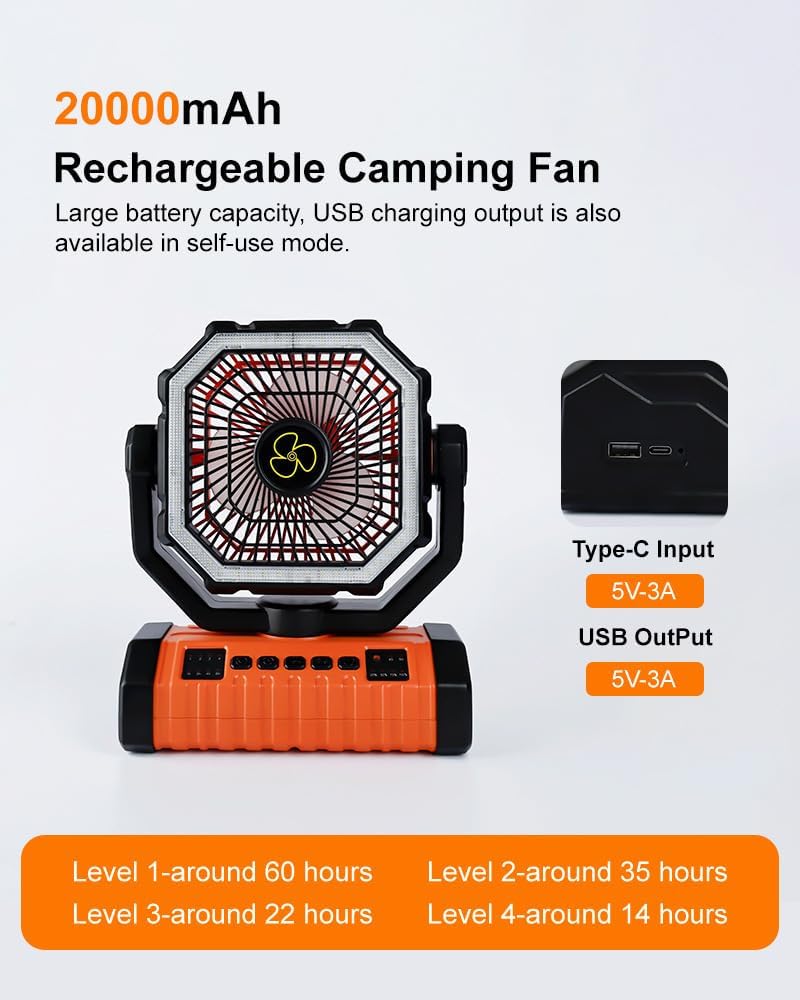 Portable Fan Rechargeable, 20000mAh Cordless Battery Powered Fan with LED Lantern, USB C Battery Operated 270° Swivel for Travel Bedroom Home Camping Tent Office Beach Desk Fishing Table (Oranger)