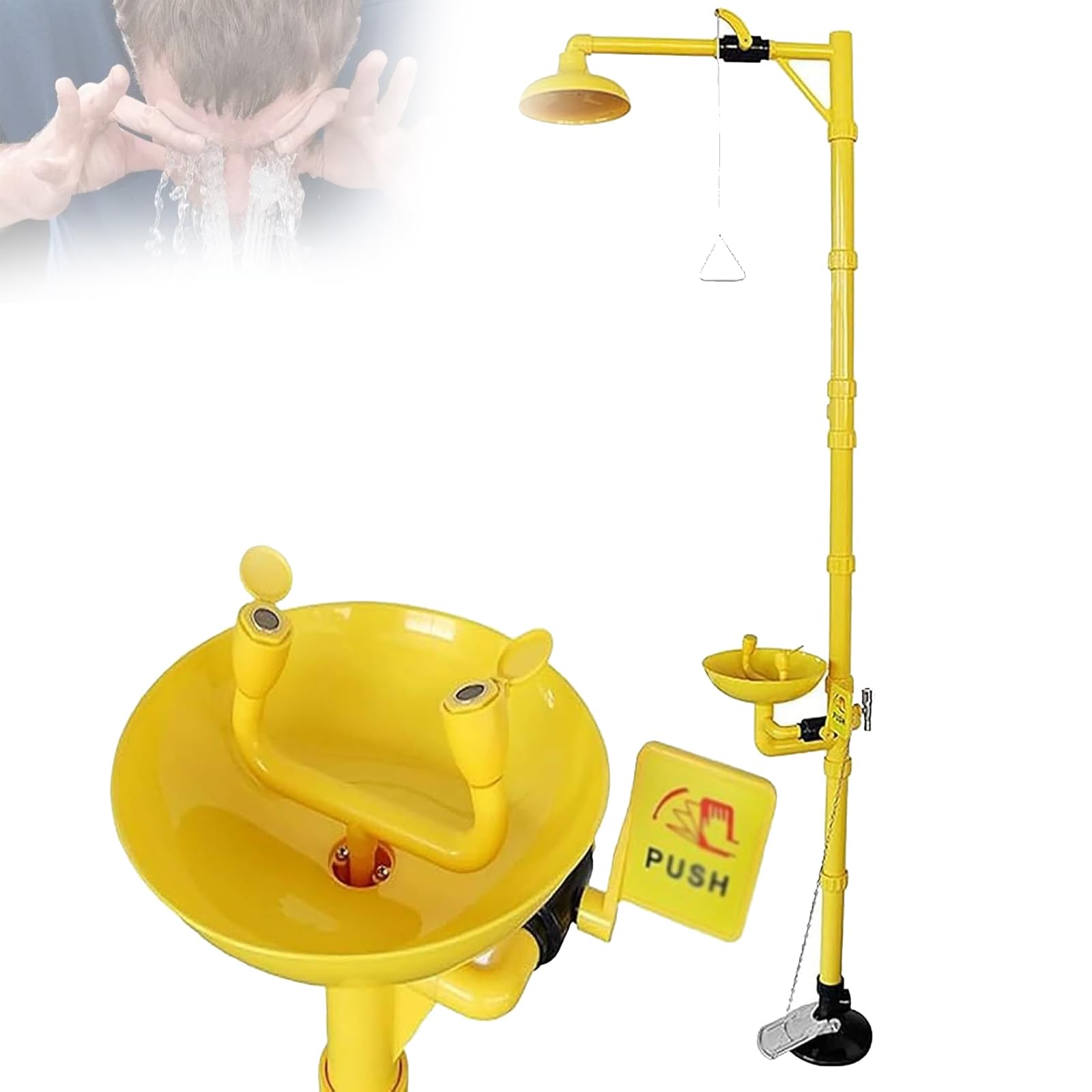 Estación de Ducha y lavaojos de Emergencia con Pedal, estación de Ducha de Seguridad, Kit Combinado de lavaojos y Ducha, con señal de Emergencia, Acero Inoxidable 304 + Revestimiento Amarillo