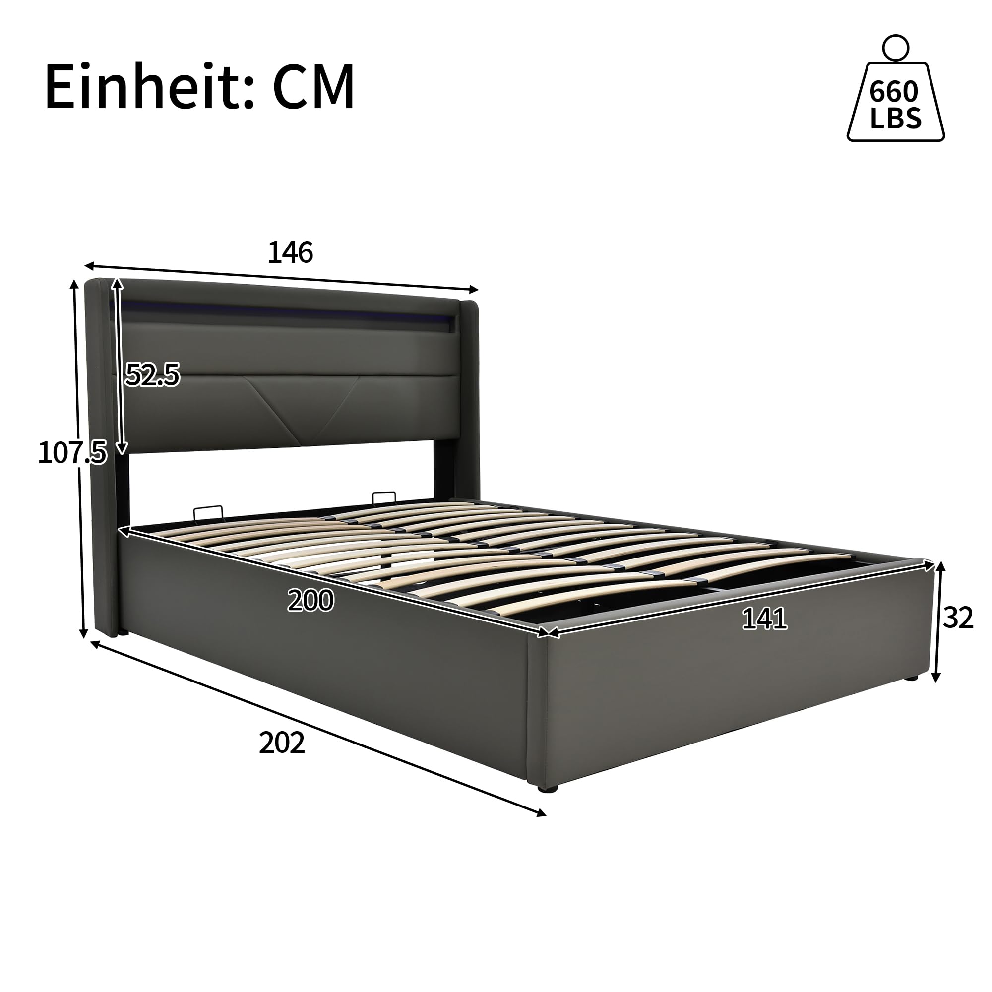 Lit hydraulique, avec espace de rangement, 140 x 200 cm, gris, avec éclairage LED et télécommande, surface PU, espace de rangement rabattable, lit fonctionnel, moderne, avec espace de