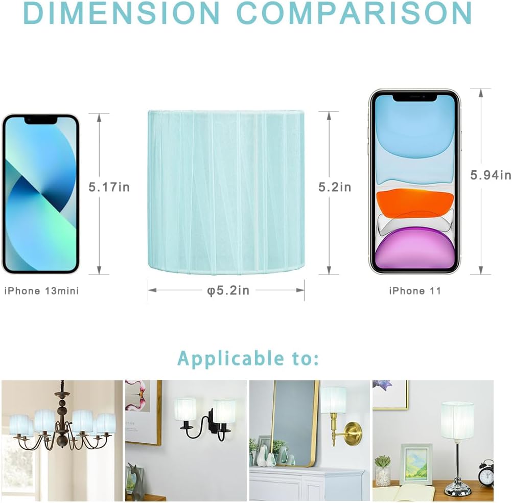 LAMPWELL LYON Clip-on Chandelier Organza Fabric Lamp Shades,Set of 6,Small Drum,5.2"×5.2"×H5.2", Organzy Ribbon, Handmade,Modern Trendy Decorative,ONLY FOR CANDLE BULB,Light Blue