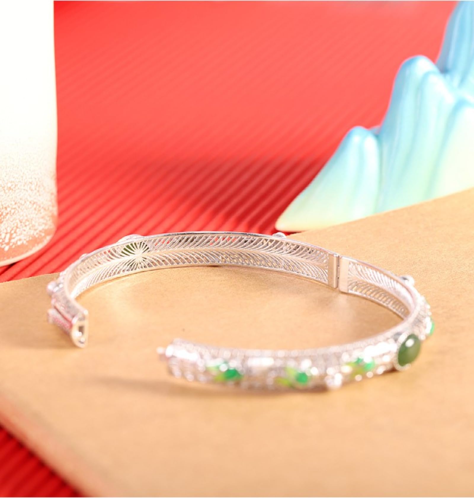 Braccialetti d'argento, braccialetti da braccialet Bracciale rigido aperto da donna in argento sterling S925 con perle e diaspro da 5*8 mm, smaltato, artigianato tradizionale, accessorio perfetto for