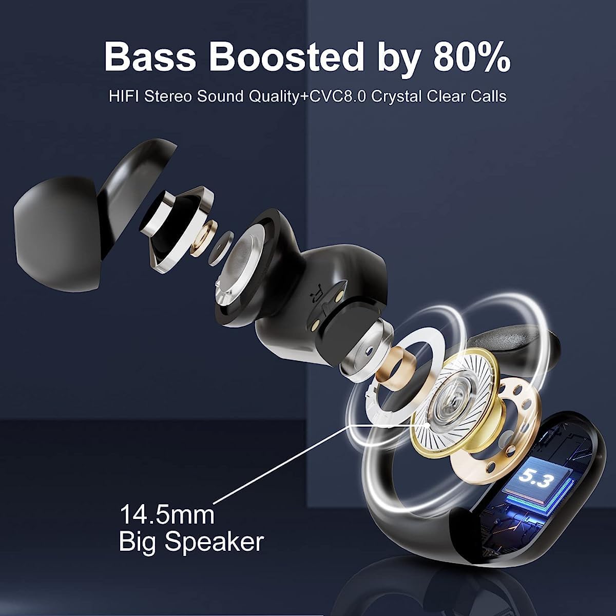 Wireless Earbuds Bluetooth 5.3,Headphones 90Hrs Playtime,IPX7 Waterproof,Power Display,Sport ear buds with Wireless Charging Case,Bass Over Ear Earphones with Mic for running Workout Gym (Black)