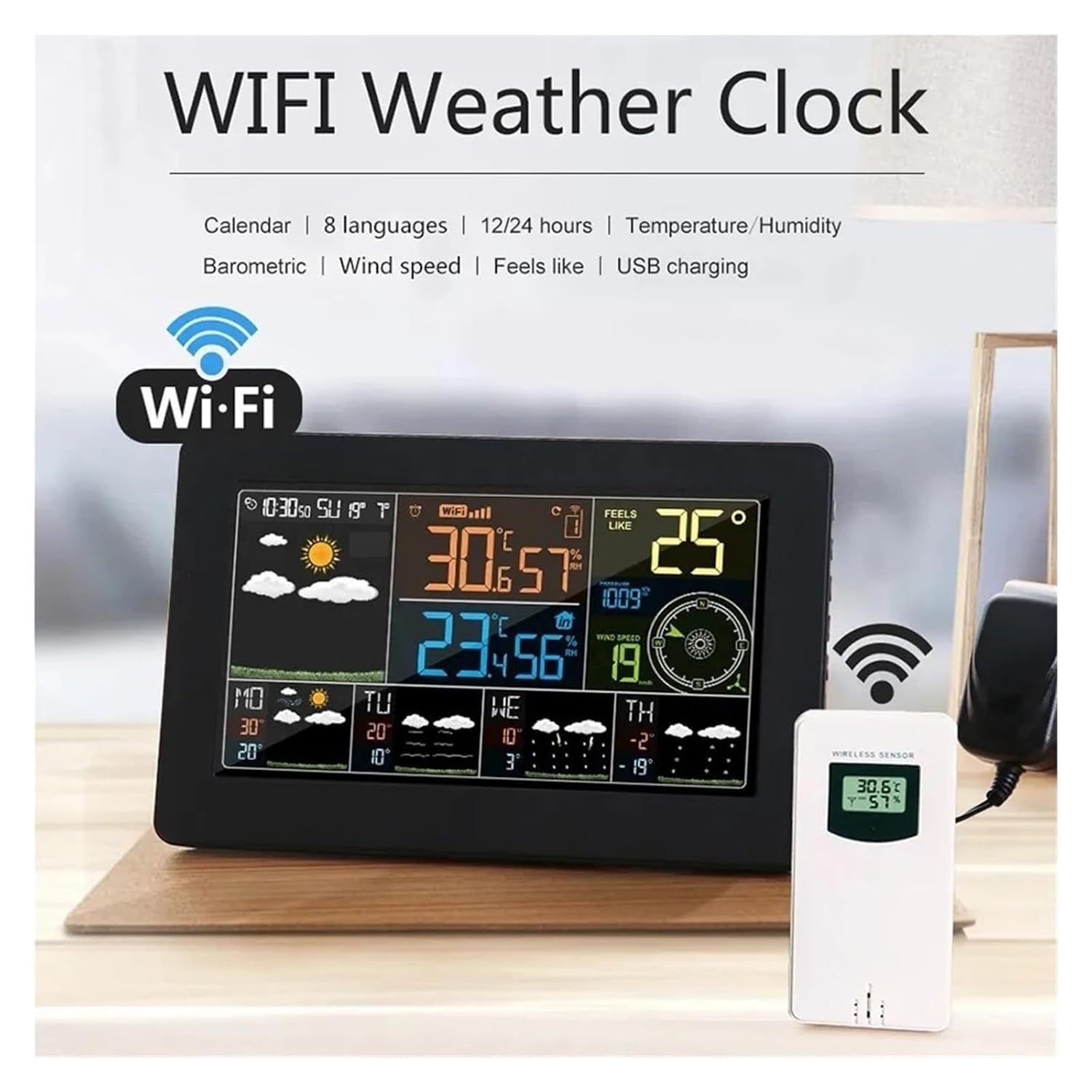 Bezprzewodowa Stacja Pogodowa, Cyfrowa Stacja Pogodowa Z Kolorowym Wyświetlaczem LCD, Z Czujnikiem, Budzik, Monitor Temperatury I Wilgotności, Barometryczna,Prognoza Pogody, Do Domu I Ogrodu