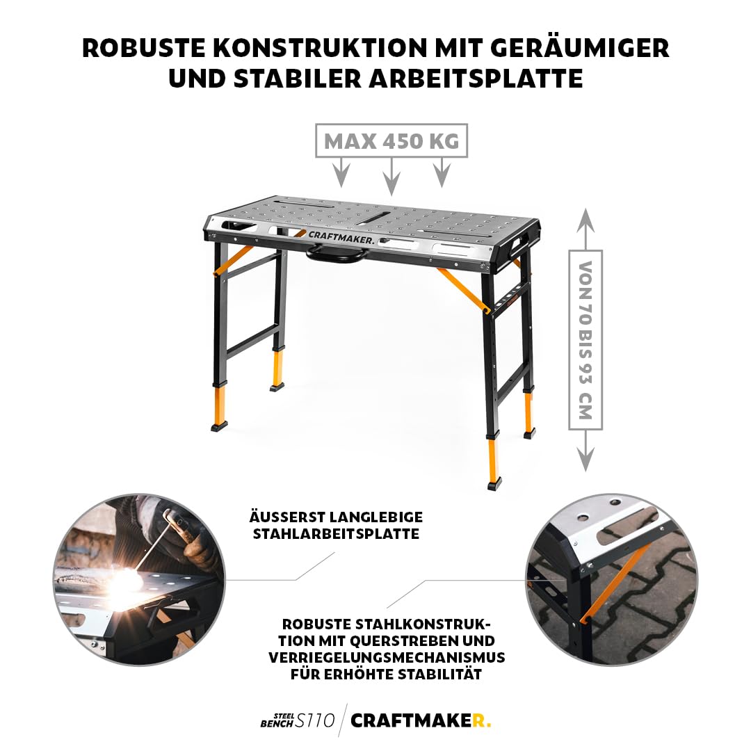 CRAFTMAKER SteelBench S110 Werkbank, Klappbare Multifunktionstisch mit Hoher Tragfähigkeit von 450kg, Höhenverstellbare Werkbank, Stahlkonstruktion