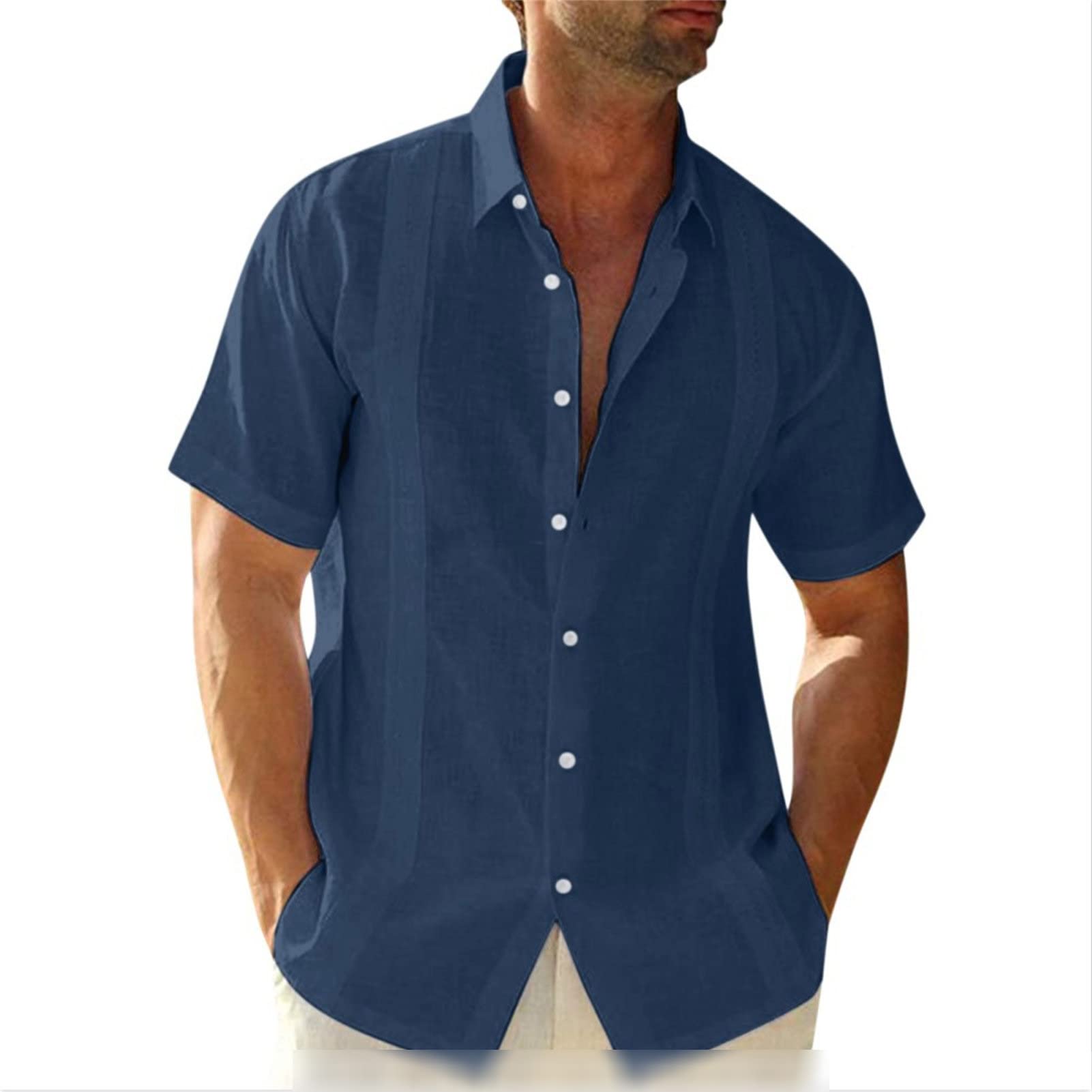 Maiyifu-GJ Men's Short Sleeve Cotton Linen Shirts Lightweight Summer Button Down Shirt Plain Tropical Holiday Beach T Shirt (Dark Blue,Medium)