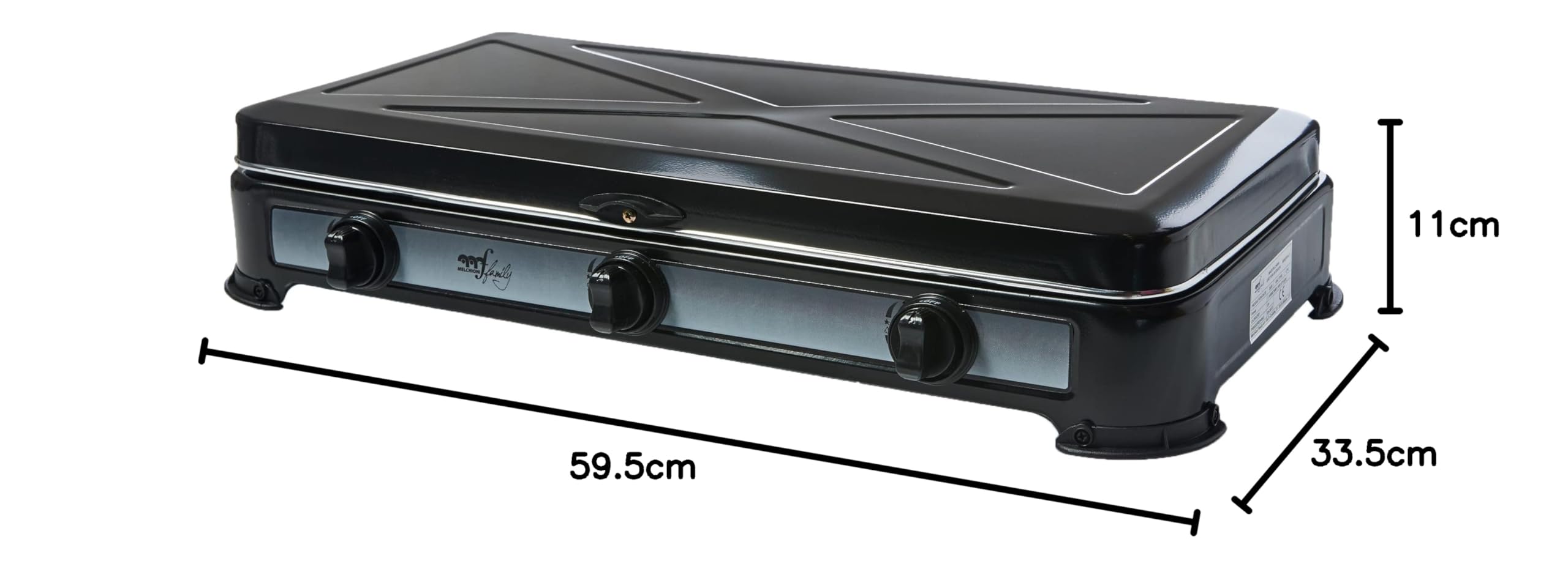 Melchioni Family Minerva 3 - Fornello a Gas 3 Fuochi, Acciaio smaltato, Potenza 2.9Kw, Nero, 59.5 x 33.5 x 11 cm