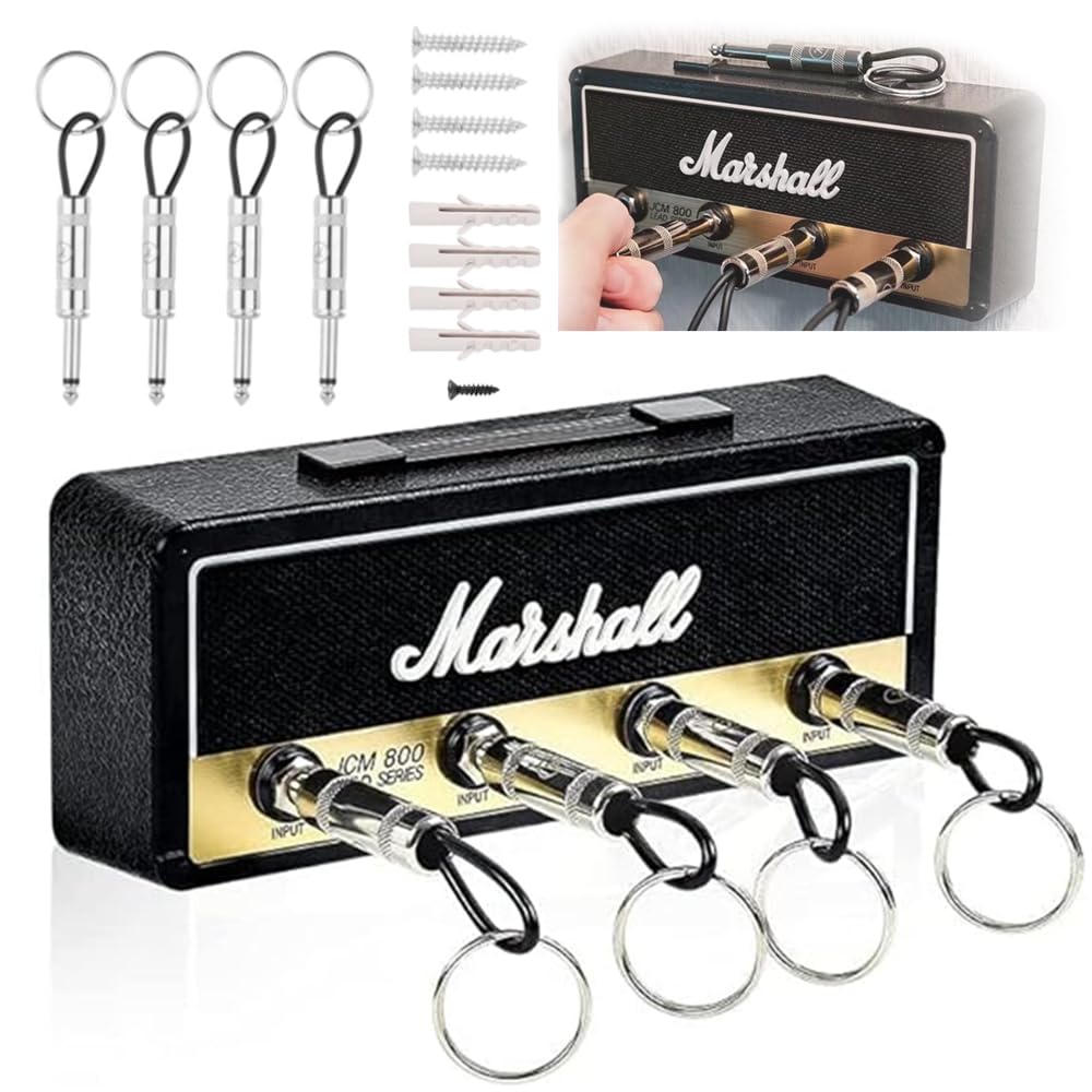 Abiemuce Marshall Key Rack, Marshall Key Holder, Marshall Key Holder, Marshall Key Rack, montado en la pared con 4 enchufes de guitarra, para fijación de llaves en casa (Negro)