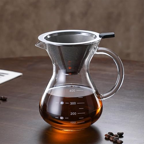 Miniatura 3 de Cafetera vertida, reutilizable de vidrio borosilicato de 15.1 onzas líquidas, gotero manual de goteo manual con escala, filtro permanente,