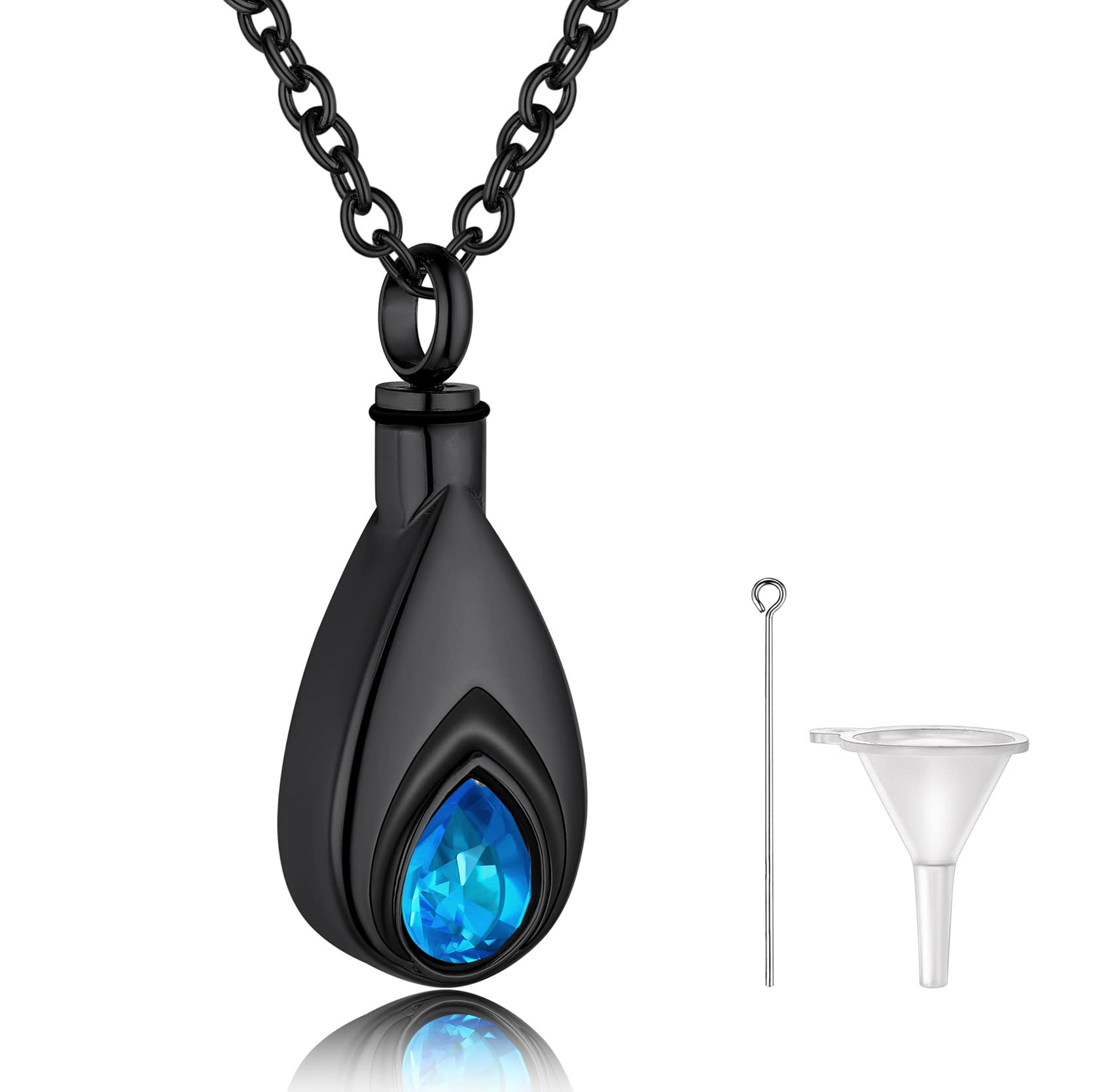 GOLDCHIC JEWELRY GoldChic Colgantes para Meter Cenizas Seguro Forma Gota de Agua con Cadena 50cm Largo, Colgantes Cenizas Negro Nombre Personalizable, con Caja de Regalo