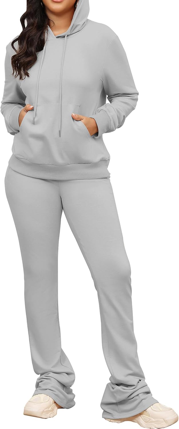 Women's Sweatsuits Sets 2 Piece Outfits Drawstring Hoodies Stacked Jogger Sweatpants Tracksuits Casual Set - Image 4