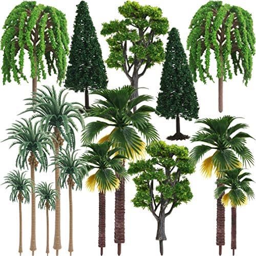 Model Trees Décor Kit Hobby Train Scenery Set Artificial Miniature Palm Coconut Weeping Willow Oak Pine Plants with Green Leaves and Base for Moss Landscape Tunnels Buildings Decoration AnyBack 15