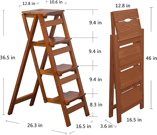 Miniatura 15 de KINGBO Taburete para adultos/escalera/silla de mostrador, taburete plegable de madera portátil de 3 escalones, antideslizante y ligero (tuerca -