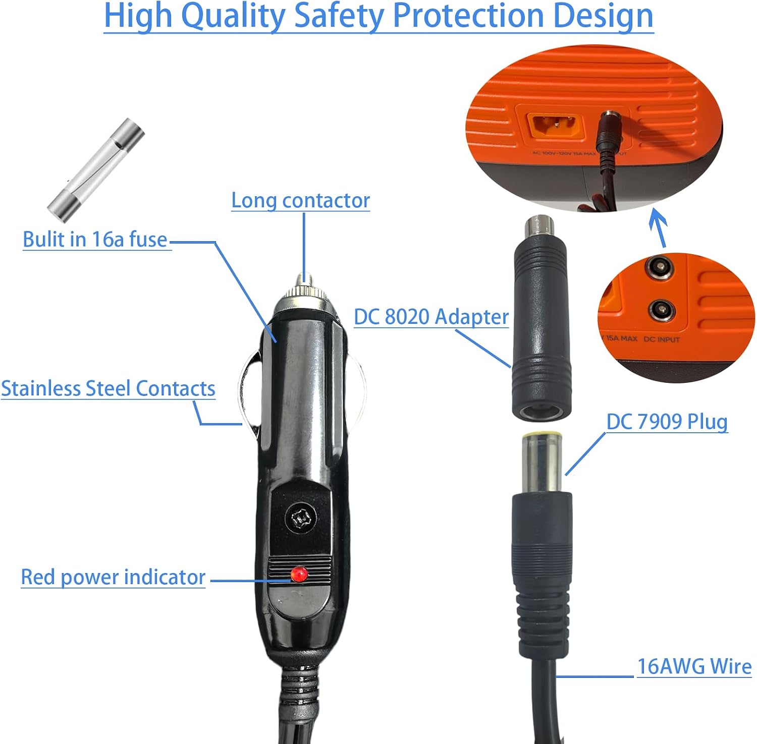 12V/24V Car Charging Cable for Jackery, BLUETTI, Anker, GRECELL, Goal Zero Portable Power Station Cigarette Lighter Charging Cable with DC7909 + DC8020 Plugs (1.5M/4.9FT) - Black