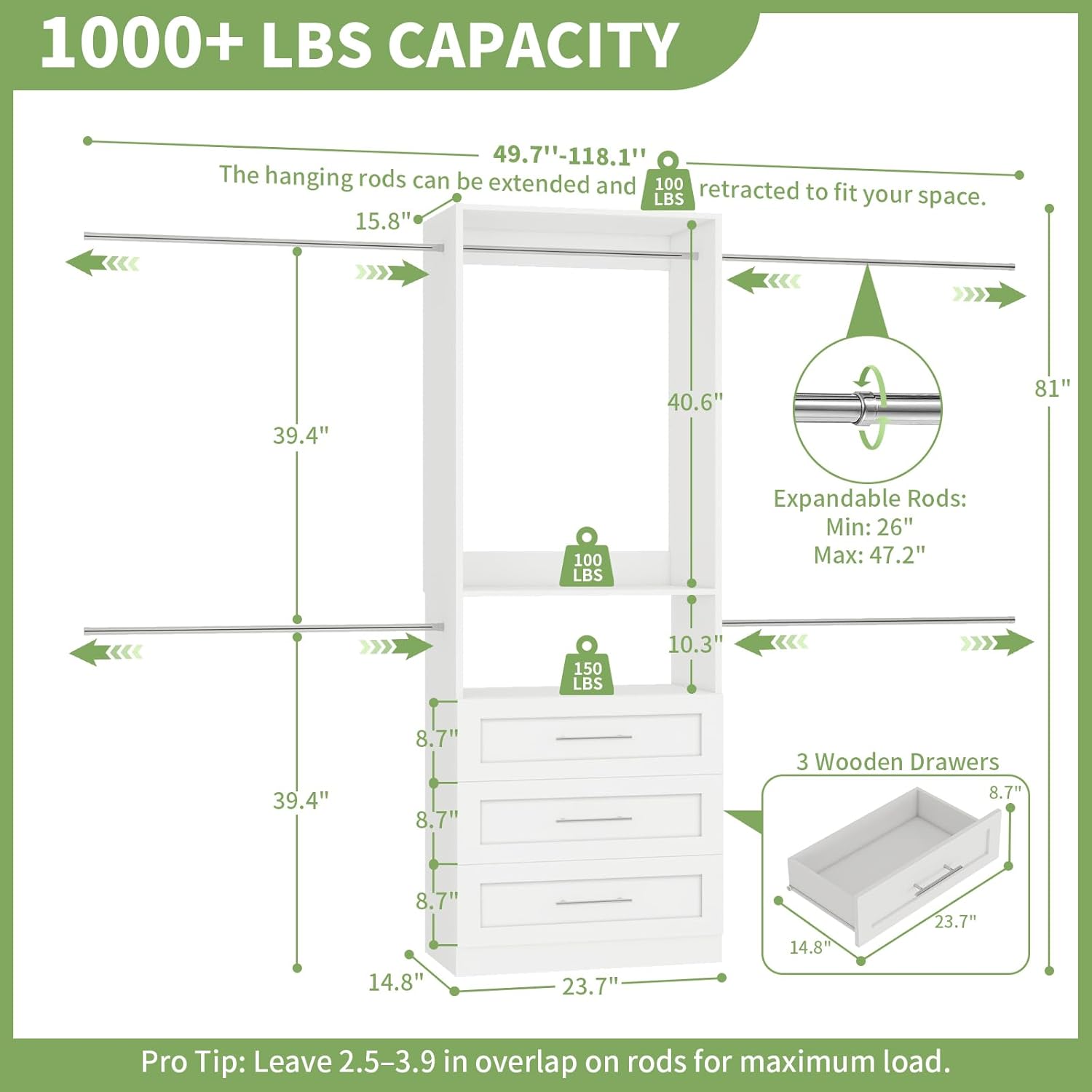 Closet System with 3 Drawers, 4–8.5 Ft Closet Organizer System with 5 Adjustable Hanging Rods & Shelves, Wood Walk-In Closet System, Built-In Modular Closet Kit, Sturdy Garment Rack, White