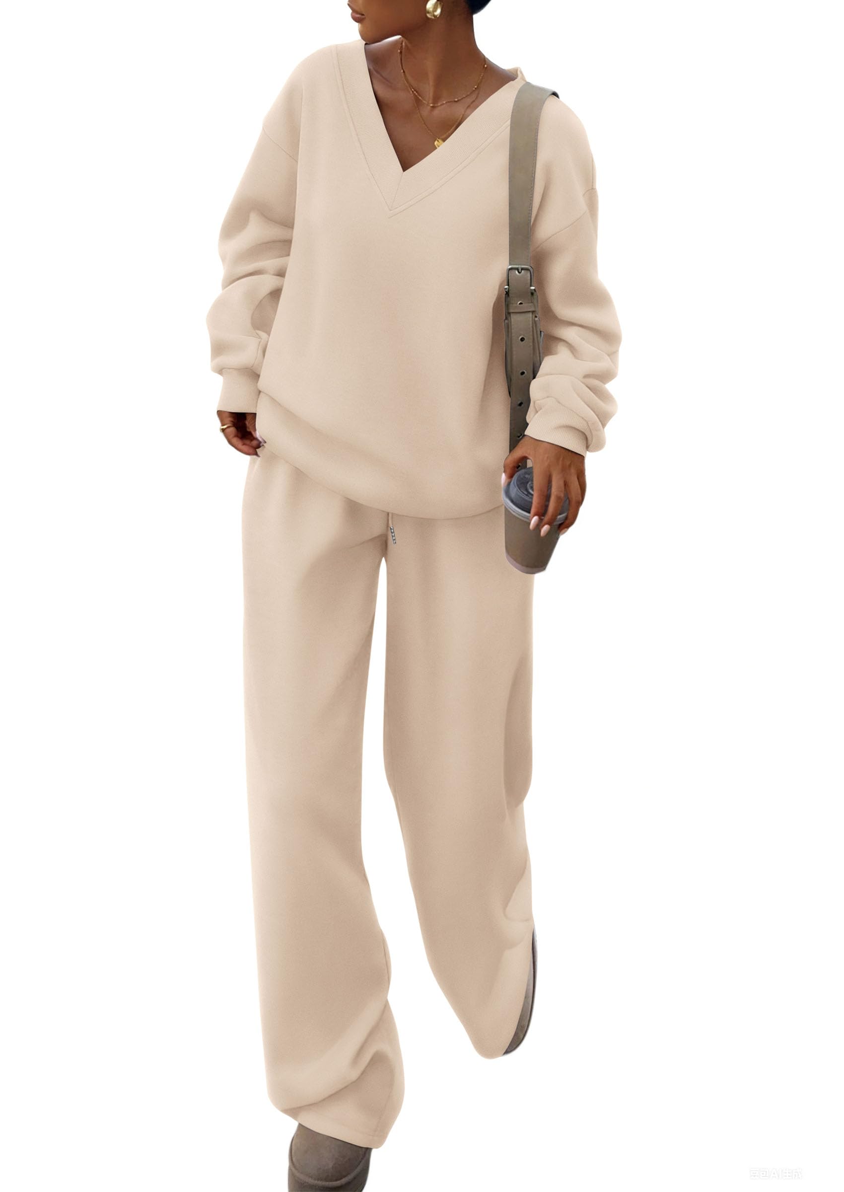 PRETTYGARDEN Casual Spring Two Piece Sets for Women 2026 V Neck Sweatshirt Loose Wide Leg Pants Tracksuit Knit Fall Outfits