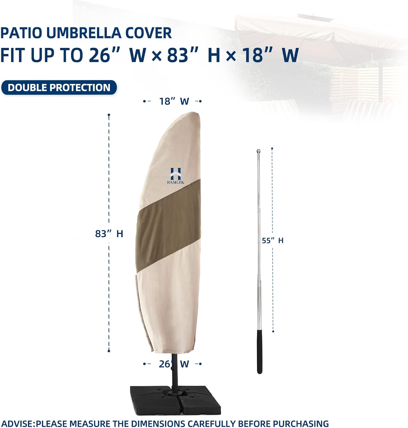 HAMLER Patio Umbrella Cover, Heavy Duty Waterproof Parasol Cover with Zipper & Telescopic Rod, Fits 7.5ft to 11.5ft Outdoor Offset Umbrella, Brown & Beige