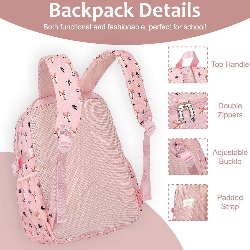 Girls Backpack Set for School Backpacks with Lunch Box Pencil Case 3 Piece Bookbags, Kids Elementary Teen Student Lightweight School Bag Set-Fox Pink - Image 6