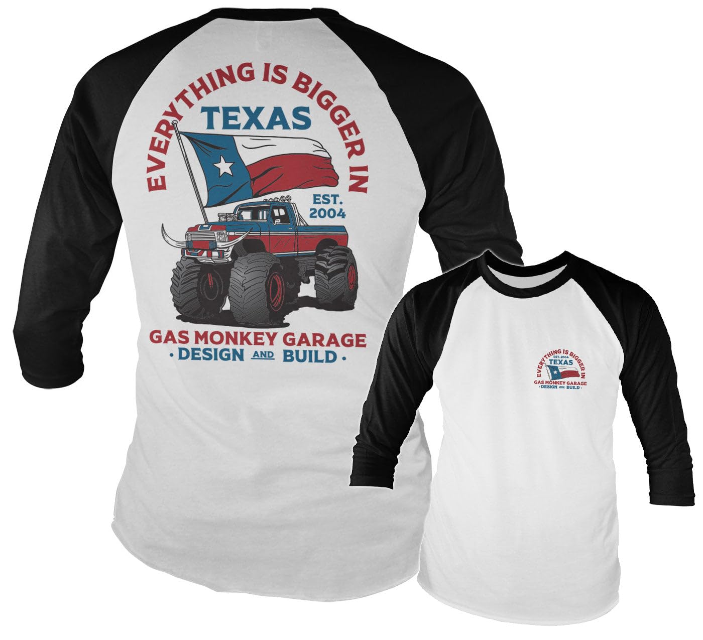 Gas Monkey Garage Unisex White-Black Officially Licensed Everything Is Bigger In Texas Baseball Long Sleeve T-Shirt (White-Black), Medium