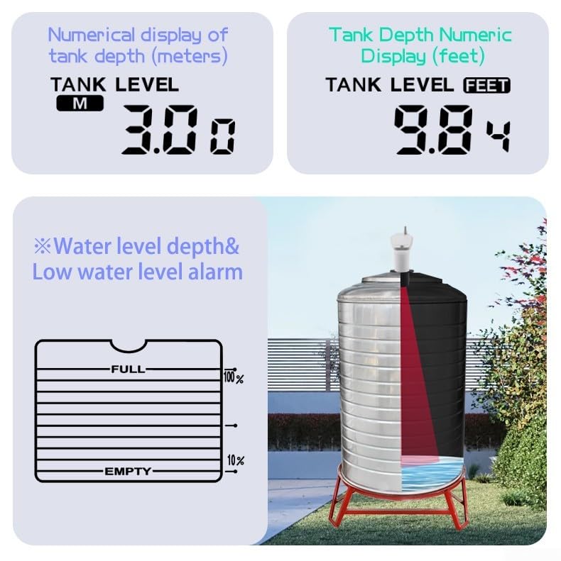 Jauge de niveau d'eau numérique sans fil avec système d'alarme haute-basse, capteur de profondeur d'eau à distance avec écran rétroéclairé, détecteur longue portée pour réservoir automatique