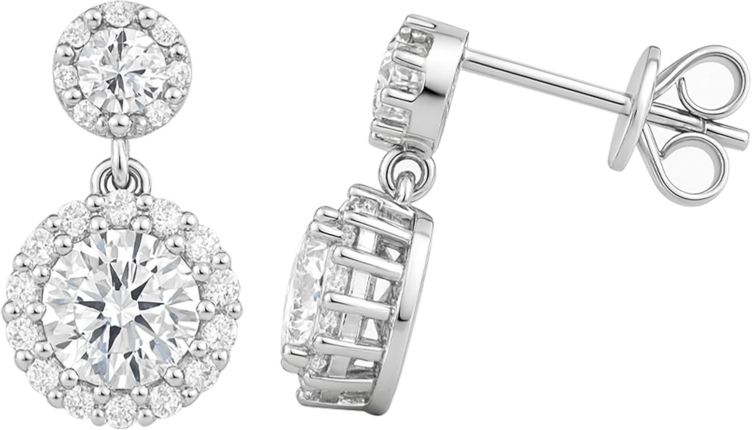 Dazzlingrock Collection GRA Certified D Color VVS1 Round Center Moissanite & Side Cubic Zirconia Halo Dangling Earrings for Women in 925 Sterling Silver in Push Back