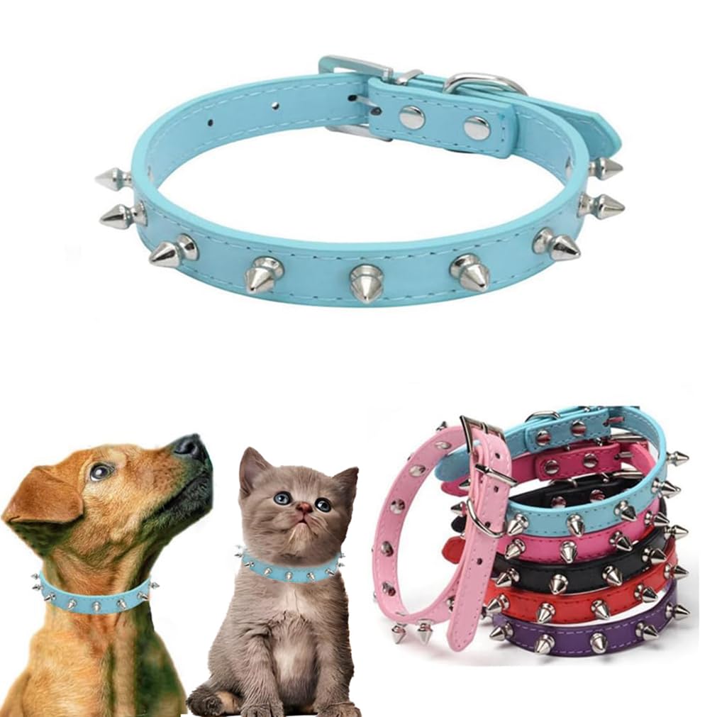 Blue Puppy Collar Boy,Spiked Dog Collar, Studded Spiky Stud Rivet Pu Leather Mushroom Kitten Cat Collars Adjustable for XXS XS Small Medium Breed,