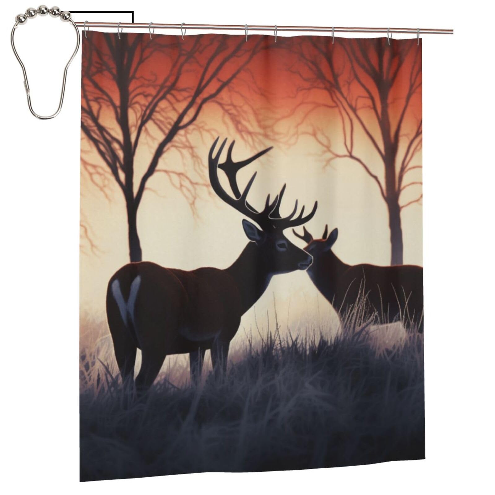 BWWHCCTI Winter Nature Deer Printed Shower Curtain With 12 Iron Hooks Opaque Quick Drying Waterproof Shower Curtains Sets For Bathroom 152x183 Cm