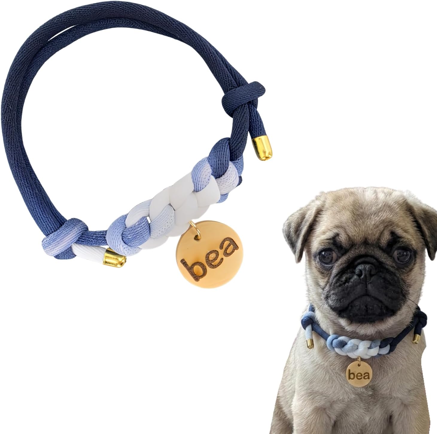Personalized Rope Dog Cat Collar – Handmade, Elegant & Adjustable Slip-On Custom Collar for Puppy, Dogs & Cats Handmade in California (Blue Ombre, S-M)