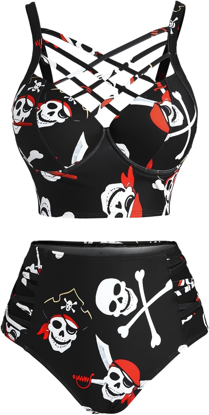 ROSE GAL Plus Size Women Gothic Bathing Suit High Waisted Underwire Push Up Bikini Set Goth Two Piece Swimsuits