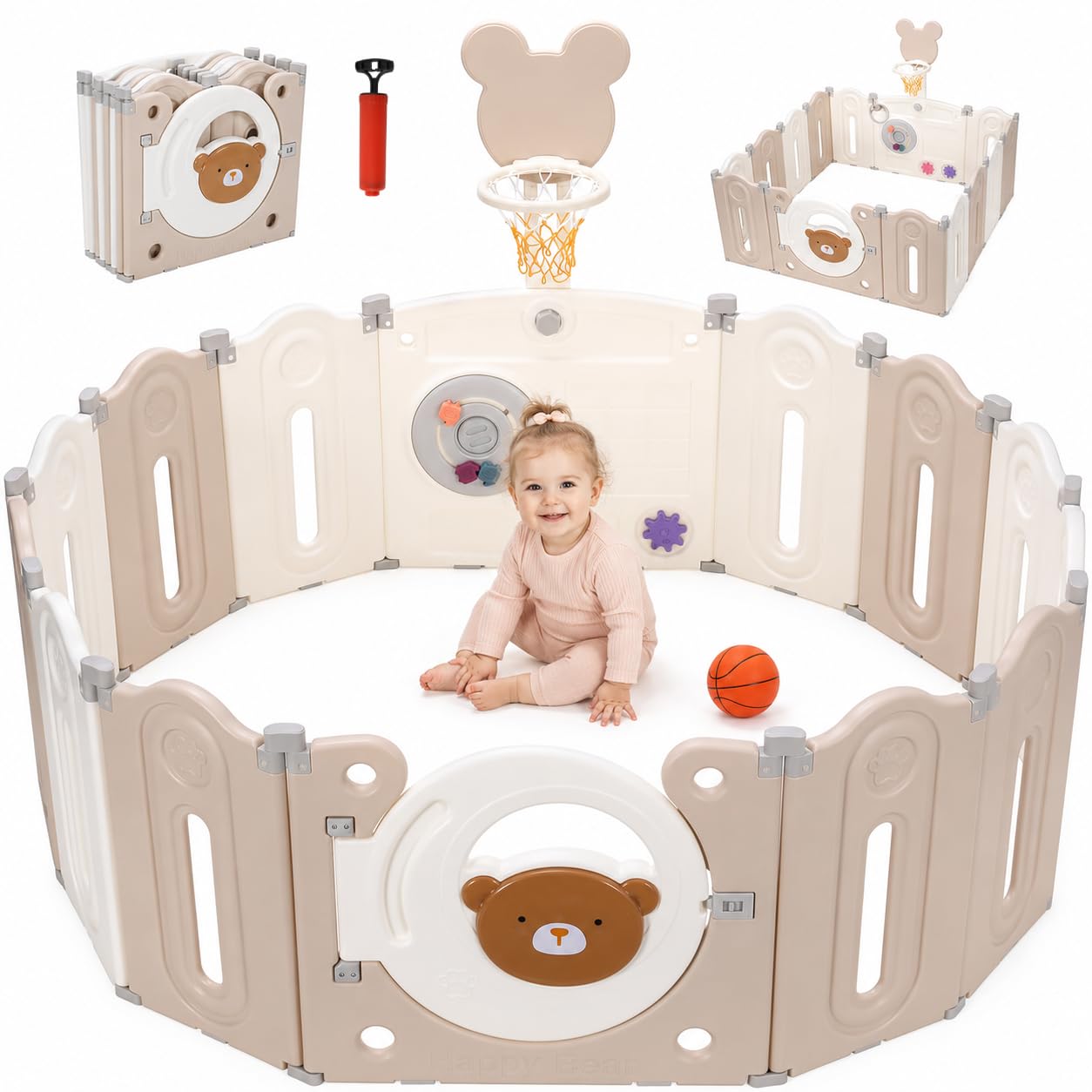 MAMIZO Parque infantil XXL plegable, Forma ajustable, Fácil de Almacenar | parque infantil con 12PCS Módulos,con mini cesta de baloncesto y tabla de juguetes,con ventosas fuertes en la parte inferior