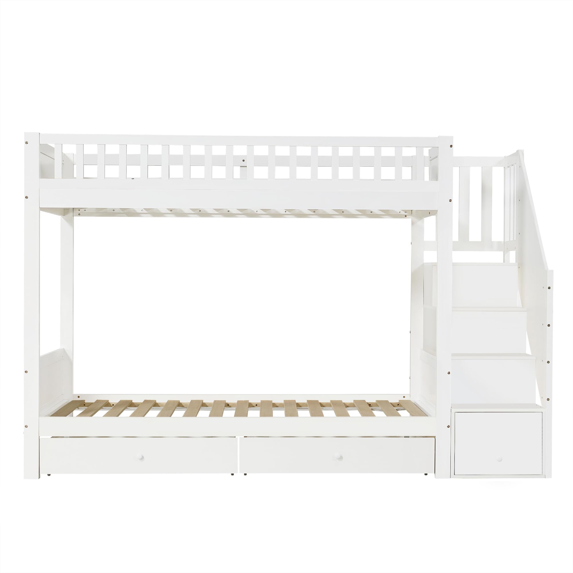 Litera blanca para niños, 90 x 200 cm, de madera, con escalera de almacenamiento, 2 cajoneras, protección contra caídas, cama alta para habitación infantil, sin colchón