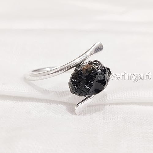 Miniatura 2 de Natural Black Tourmaline Ring, Rough Tourmaline Ring, October Birthstone, Cross Band, 925 Sterling Silver, Womens Ring, Christmas, Thanksgiving,