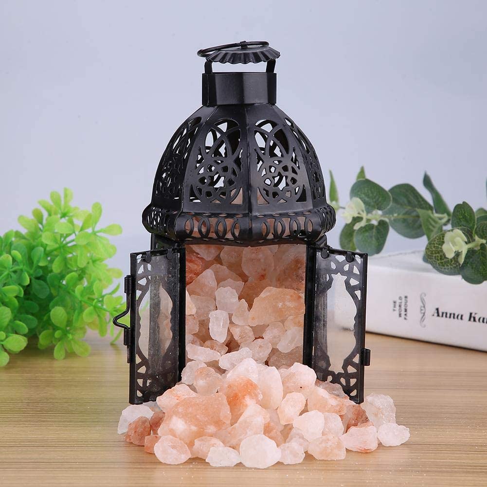 Ejoyous Lámpara de Sal del Himalaya con Base de Madera, Lámpara de Sal de Cristal de Hierro Forjado, Vintage Lámpara de Noche Marco de Piedra de Sal de Cristal Natural Lámpara(Negro)