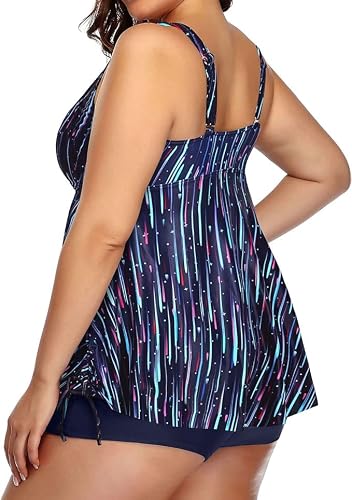 Aqua Eve Women Plus Size Tankini Swimsuit Two Piece Flowy Swimdress Bathing Suits with Shorts Blue Stripes 14W