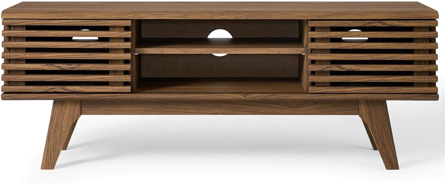 Contemporary Modern Living Room Lounge Lobby Media TV Stand Storage Set, Wood, Natural Walnut Brown